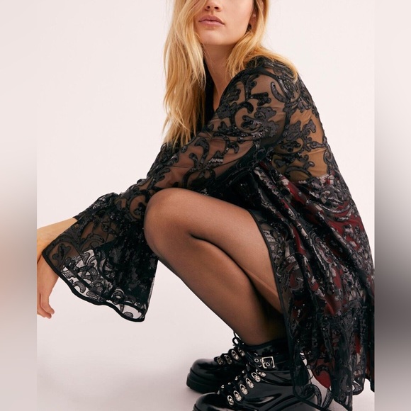 Free People Falling Flowers Sequin Bell Sleeve Frock Mini Dress Embellis… - Picture 4 of 8